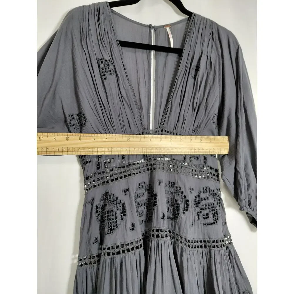 Free People Grey A-Line Short Embroidered Dress Women Size S